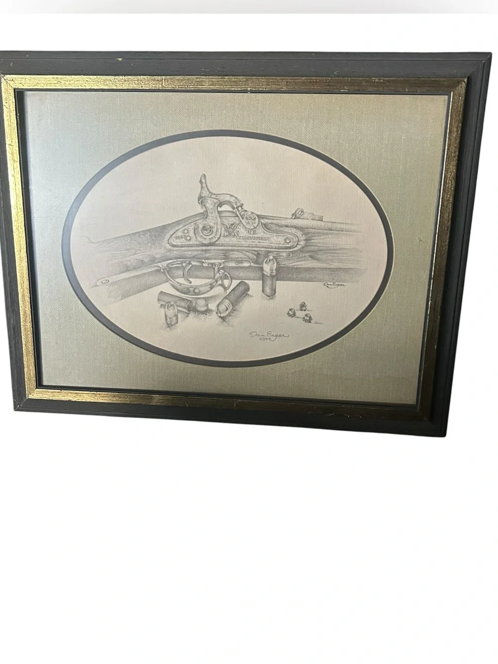 Framed Black & Gold Vintage Rifle Pencil Drawing by Dan Enger